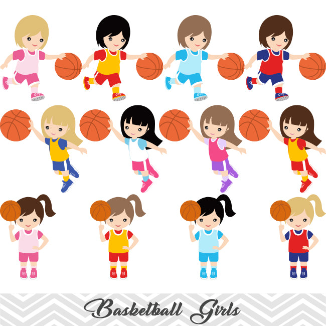 Girls Basketball Digital Clip Art, Sport Girls Basketball Team Clipart