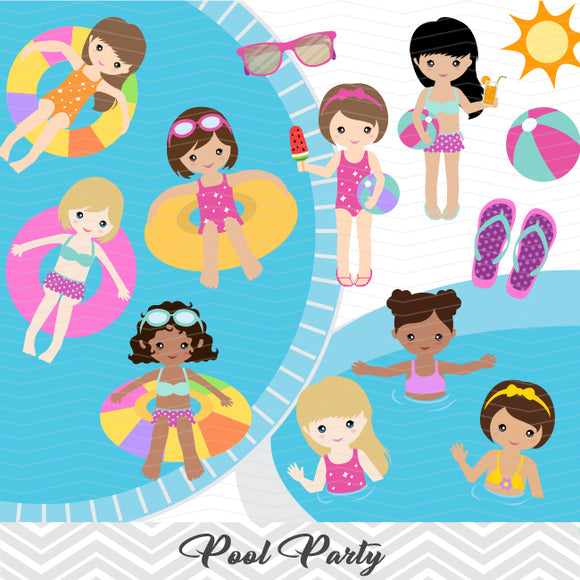 Girls Pool Party Clip Art, Girls Swim Party Clipart, Summer Pool Party Clipart, 00197