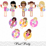 Girls Pool Party Clip Art, Girls Swim Party Clipart, Summer Pool Party Clipart, 00197