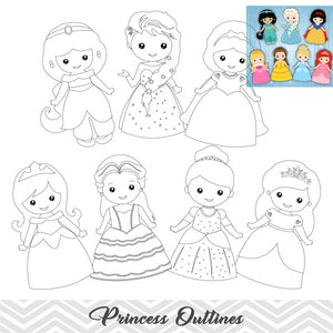 Disney Princess Outline Clip Art, Snow White\Cinderella\Belle\Sleeping Beauty\Ariel\Jasmine\Fronzen Elsa, 00292