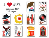 1950's Party Photo Booth Props, Printable Retro 1950s Party Photo Booth Props, 0401
