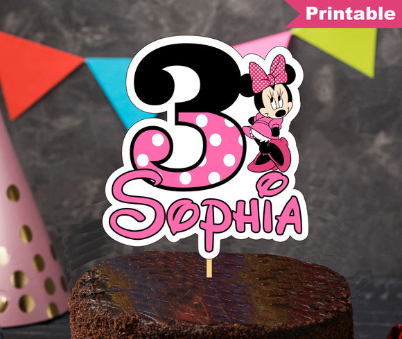 Printable Pink Minnie Mouse Birthday Cake Topper, Personalized Pink Minnie Party Centerpiece, Printable Minnie Party Cupcake Topper, P0009
