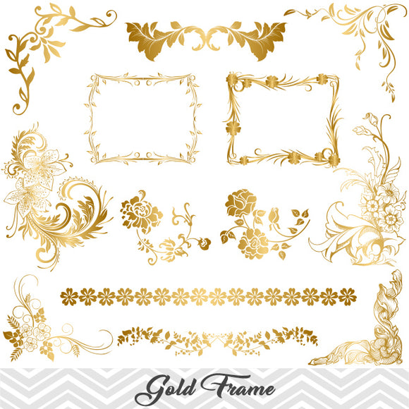 Golden Frame Border Clipart, Gold Flourish Swirl Frame Clip Art, 00035