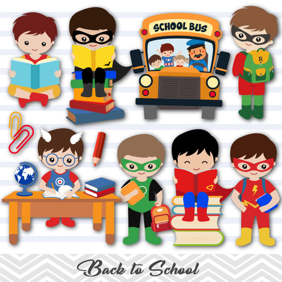 Superhero Boys Back to School Clip Art, Superhero Boys School Day Clipart, 00245