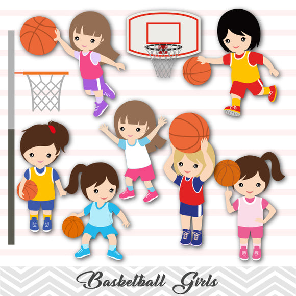 Girls Basketball Digital Clip Art, Sport Girls Basketball Team Clipart, 00258