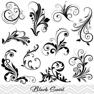 Black Flourish Swirl Clip Art, Digital Scrapbooking Embellishments Decor, 00082