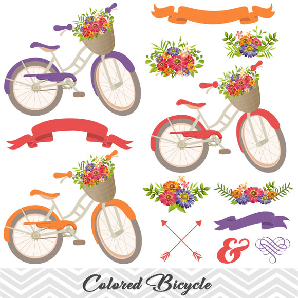 Digital Floral Bicycle Clip Art, Wedding Clip Art, Purple Blue Bicycle Clipart, Flower Banner Arrow Clipart 0125