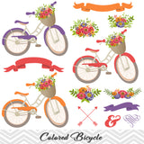 Digital Floral Bicycle Clip Art, Wedding Clip Art, Purple Blue Bicycle Clipart, Flower Banner Arrow Clipart 0125