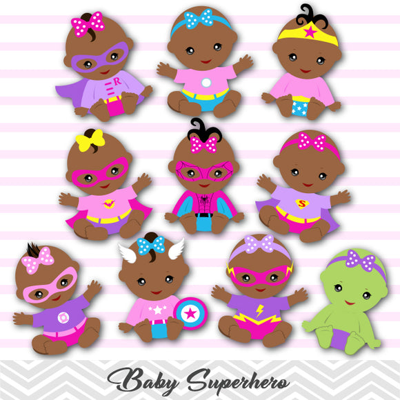 20 African American Superhero Baby Girls Clip Art, African American Baby Girl Marvel Clipart, 00281