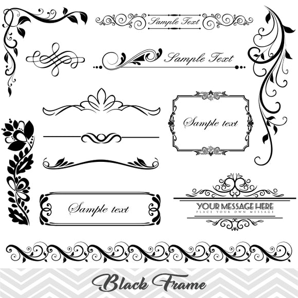 Black Frame Border Clipart, Flourish Swirl Frame Clip Art, Scrapbook Embellishment Decor 00006