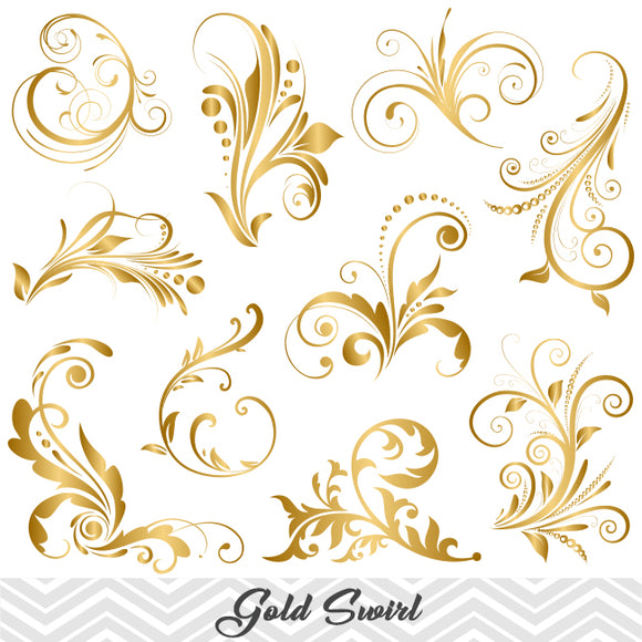 GOLD Flourish Swirl Clip Art, Digital Scrapbooking Embellishments Decor, 00084
