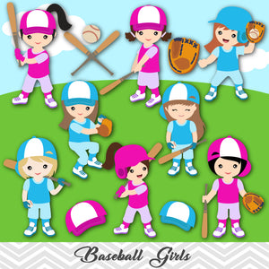 Girls Baseball Digital Clip Art, Sport Girls Baseball Team Clipart, 00255