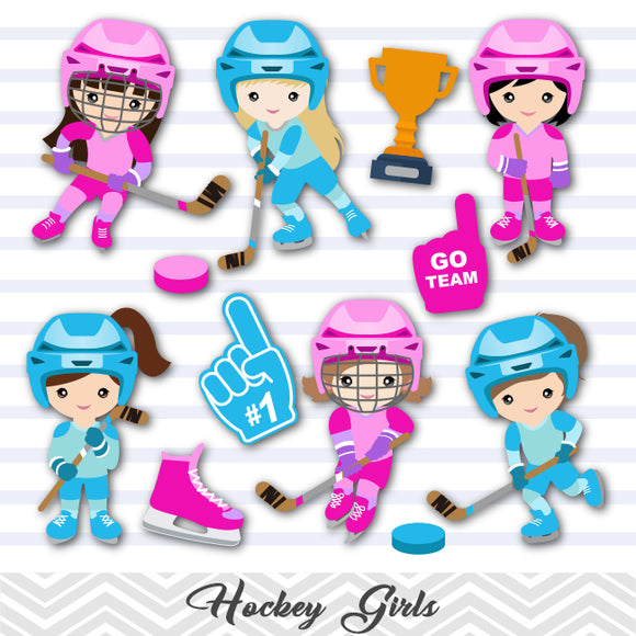 Girls Hockey Digital Clip Art, Sport Girls Hockey Team Clipart, 00253