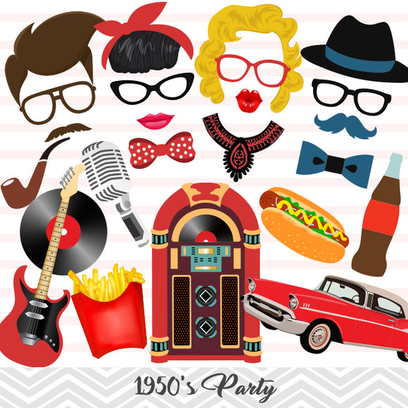 1950's Party Photo Booth Props, Printable Retro 1950s Party Photo Booth Props, 0401