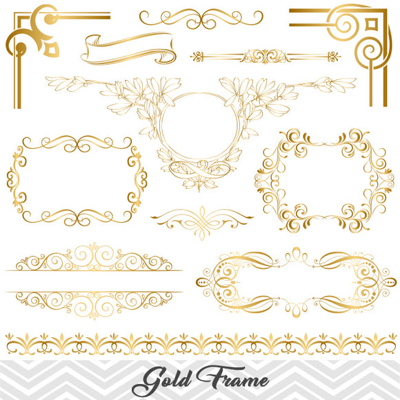 Golden Frame Border Clipart, Gold Flourish Swirl Frame Clip Art, 00050