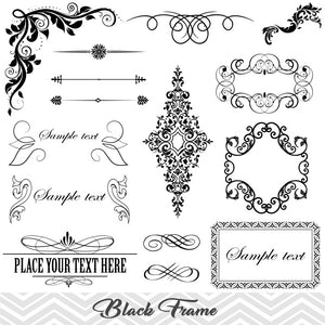 Black Frame Border Clipart, Gold Flourish Swirl Frame Clip Art, Vintage Frame Border Scrapbook Embellishment, 00015