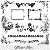 Black Frame Border Clipart, Flower Flourish Swirl Frame Clip Art, Scrapbook Embellishment Decor, 00005
