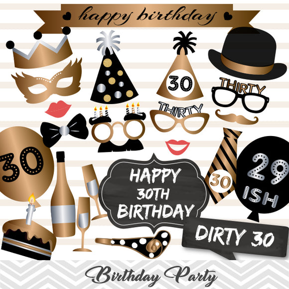 30th Birthday Photo Booth Props, Gold Silver Thirty Birthday Party Photo Booth Props, 0001