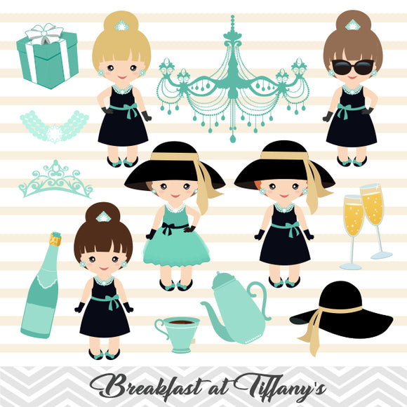 Breakfast at Tiffany's Digital Clip Art, Chic Girls Tiffany Party Clipart, 00266