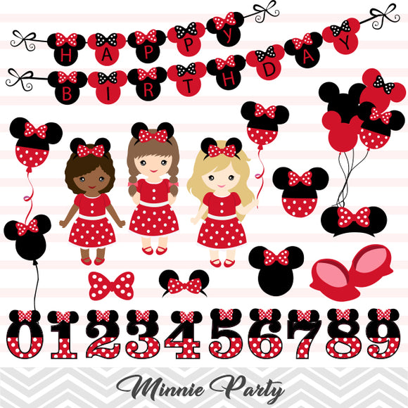 Minnie Birthday Digital Clip Art, Minnie Girls Birthday Party Clipart, 00217