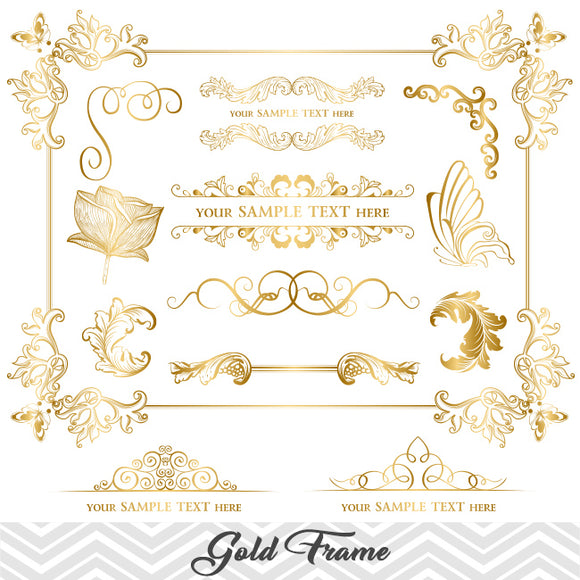 Golden Frame Border Clipart, Gold Flourish Swirl Frame Clip Art, 00032