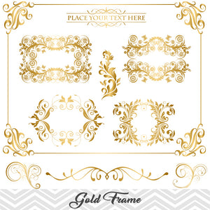 Gold Frame Border Clipart, Flourish Swirl Frame Clip Art, Scrapbook Embellishment Decor, 00041