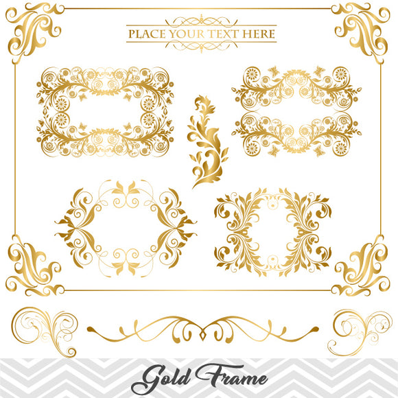 Gold Frame Border Clipart, Flourish Swirl Frame Clip Art, Scrapbook Embellishment Decor, 00041