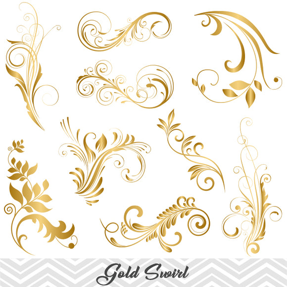 GOLD Flower Flourish Swirl Clip Art, Digital Scrapbooking Embellishments Decor, 00088