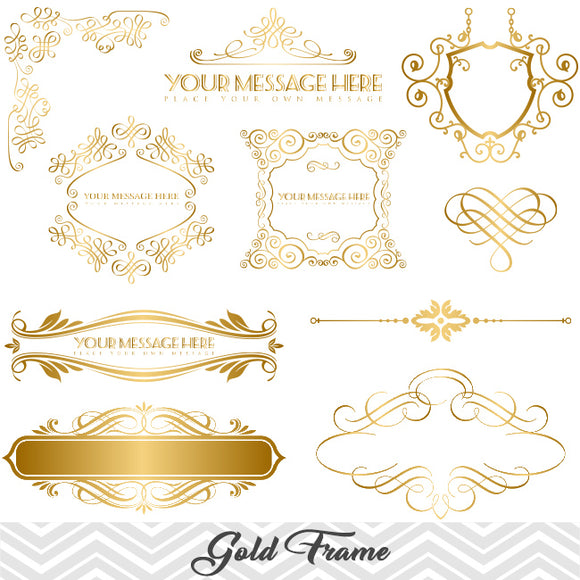 Golden Frame Border Clipart, Gold Flourish Swirl Frame Clip Art, 00047