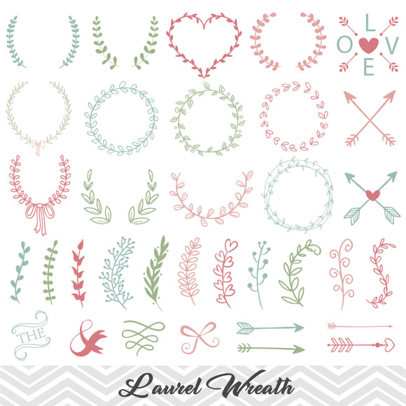Hand Drawn Laurel Wreath Leaf Clipart, Laurel Wreath Clip Art, Leaf Laurel Branches Arrow Clipart, pink blue green, 00152