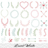 Hand Drawn Laurel Wreath Leaf Clipart, Laurel Wreath Clip Art, Leaf Laurel Branches Arrow Clipart, pink blue green, 00152