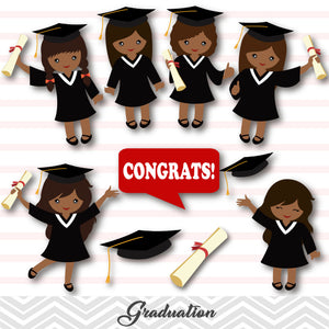 African American Graduation Girls Clip Art, Girls Graduate Clipart, Preschool Kindergarten Graduation Clipart, 00284