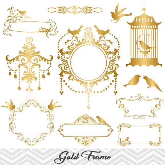 Golden Frame Border Clipart, Gold Flourish Swirl Frame Clip Art, 00053