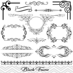 Black Frame Border Clipart, Flourish Swirl Frame Clip Art, Scrapbook Embellishment Decor, 00010