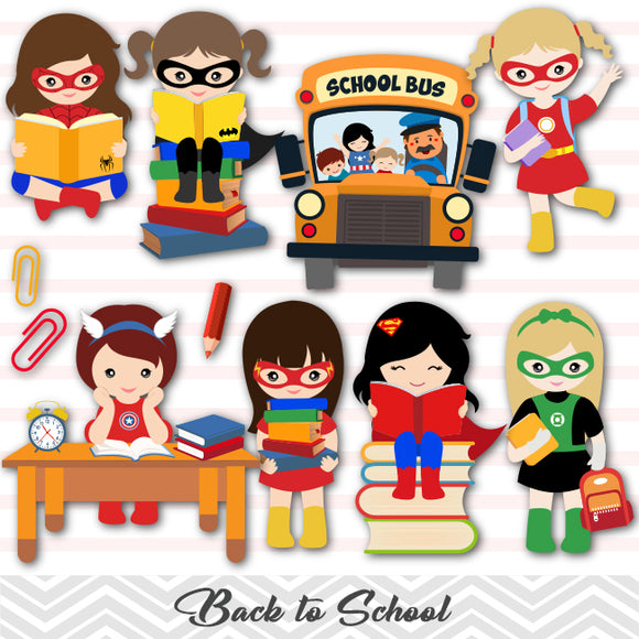 Superhero Girls Back to School Clip Art, Superhero Girls School Day Clipart, 00244