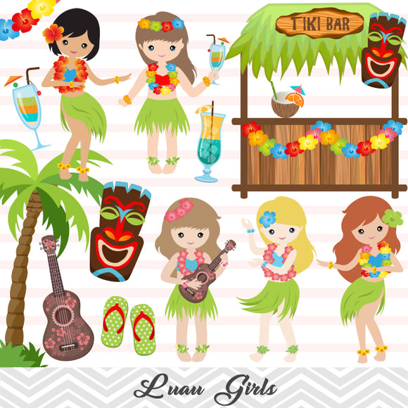Luau Girl Digital Clip Art, Hawaii Tiki Party Clipart, Hula Party Girl Clip Art, 0170