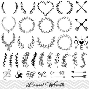 Laurel Wreath Clip Art, Laurel Wreath Leaf Clipart, Hand Drawn Leaf Laurel Branches Clip Art, 00159