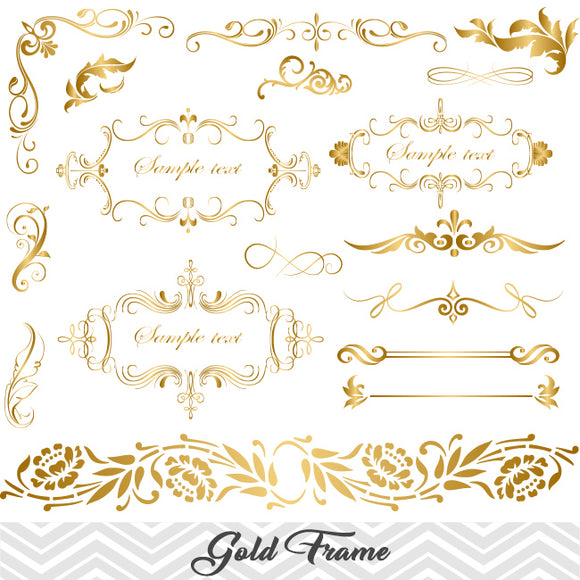 Golden Frame Border Clipart, Gold Flourish Swirl Frame Clip Art, 00026