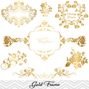 Golden Frame Border Clipart, Gold Flourish Swirl Frame Clip Art, 00077