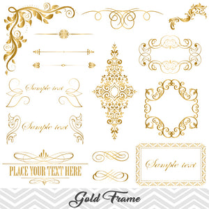 Golden Frame Border Clipart, Gold Flourish Swirl Frame Clip Art, 00065