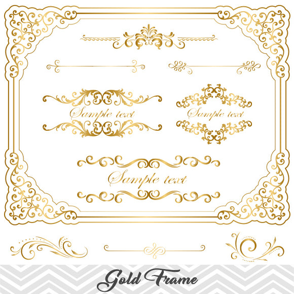 Golden Frame Border Clipart, Gold Flourish Swirl Frame Clip Art, 00059