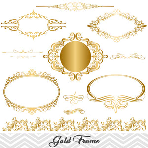 Golden Frame Border Clipart, Gold Flourish Swirl Frame Clip Art, 00044