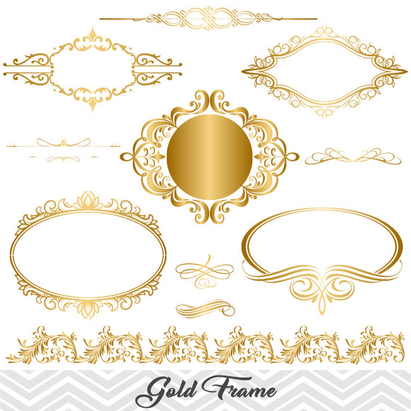 Golden Frame Border Clipart, Gold Flourish Swirl Frame Clip Art, 00044