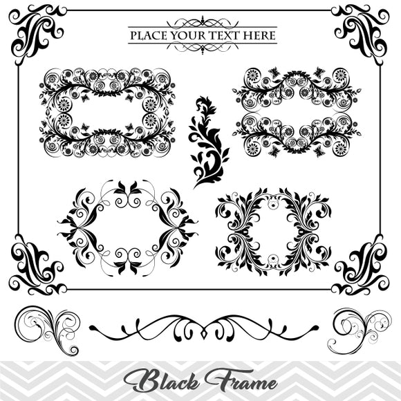 Black Frame Border Clipart, Flourish Swirl Frame Clip Art, Scrapbook Embellishment Decor, 00007