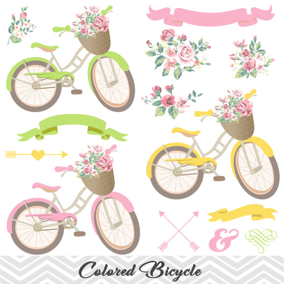 Digital Floral Bicycle Clip Art, Wedding Clip Art, Bicycle Clipart, Flower Clip Art, Banner Arrow Clipart 0151