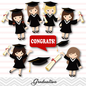 Graduation Girls Clip Art, Girls Graduate Clipart, Preschool Kindergarten Graduation Clipart, 00202