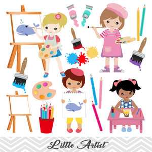 Little Artist Clip Art, Girls Art Party Clipart, Painting Party Clipart, 00168
