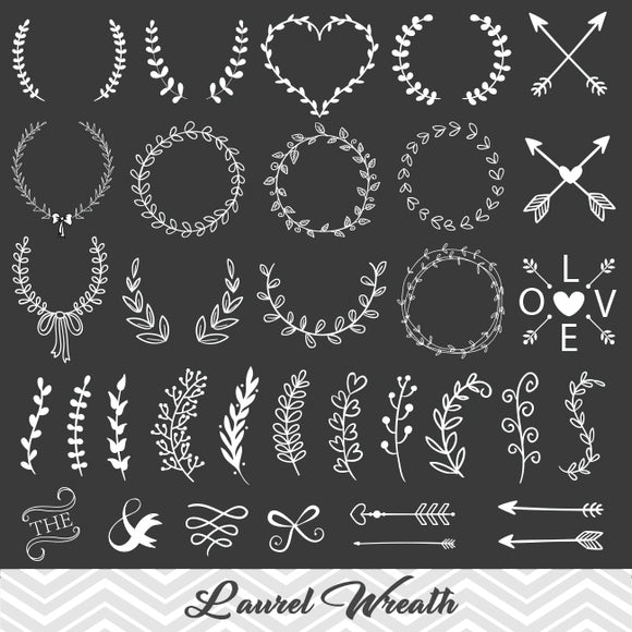 Chalkboard Laurel Wreath Leaf Clipart, Laurel Wreath Clip Art, Chalkboard Leaf Laurel Branches Arrow Clipart, 00150