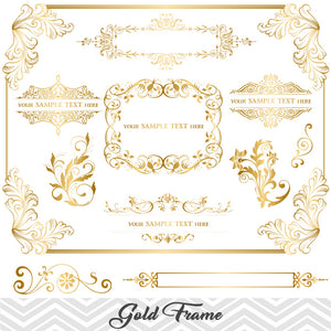Golden Frame Border Clipart, Gold Flourish Swirl Frame Clip Art, 00029