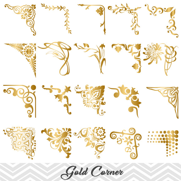 Golden Digital Frame Corner Ornate, Gold Flourish Swirl Border Corner ClipArt, 00024